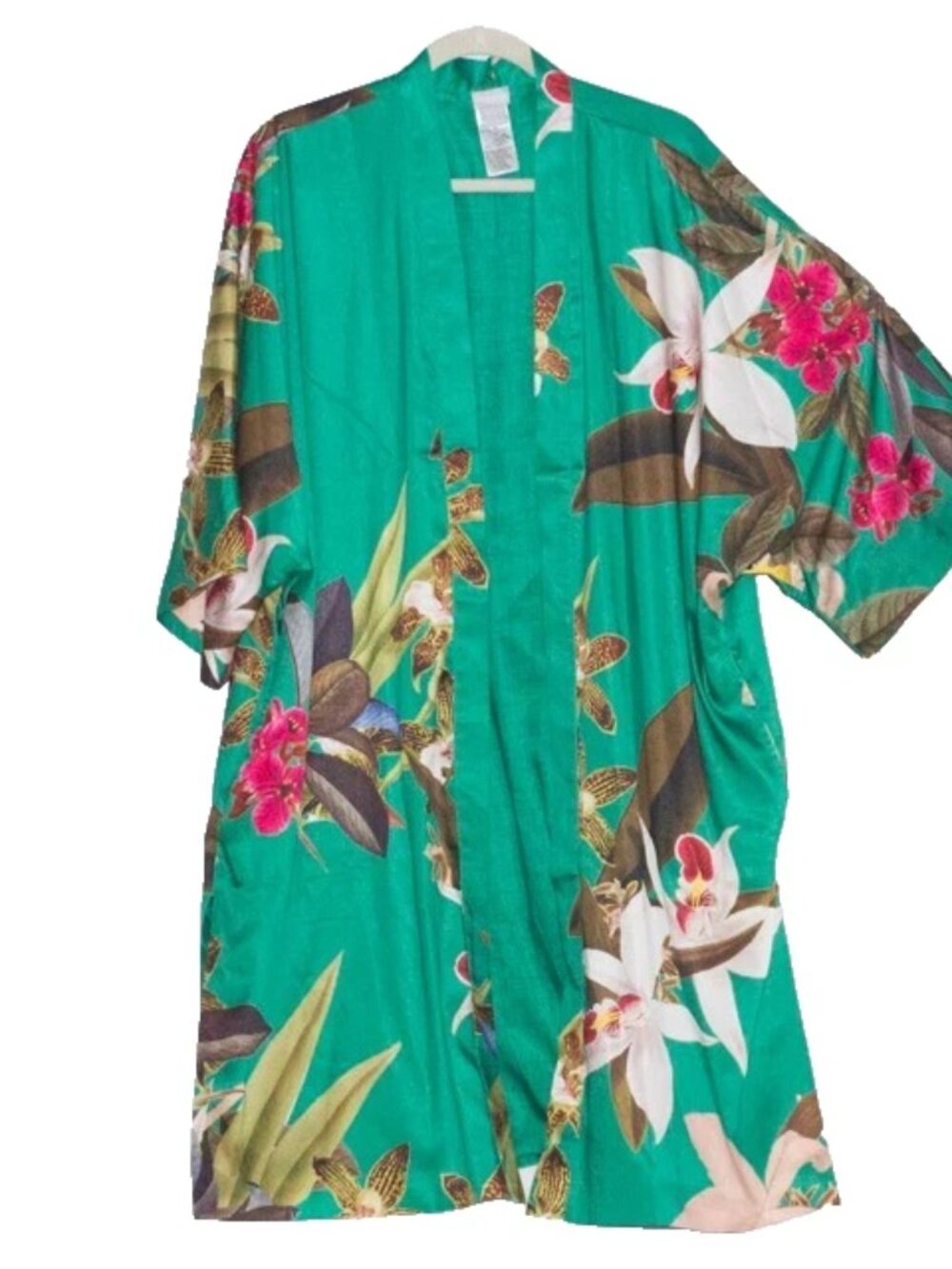 New Chico's Tropical Green Floral Satin Duster Kimono Open Front Ruana Top L/X